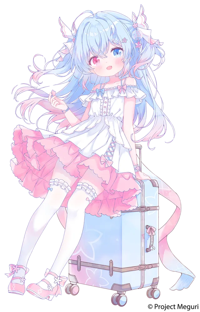 Meguri-chan, Project Meguri’s mascot, sitting on a suitcase